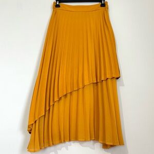 Modern Citizen lagenlook office mustard asymmetrical layered pleated midi skirt